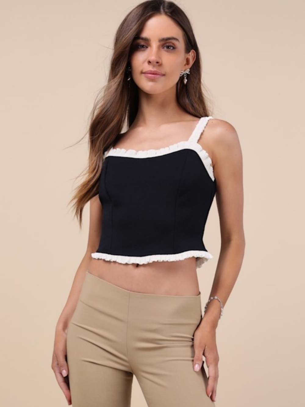 Lulus Coquette Charisma Black And White Ruffled Tie-back Crop Top - Size M